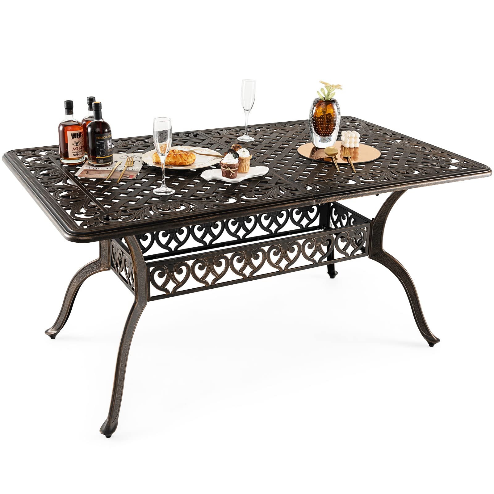 Tangkula Table à Manger d'Extérieur de 150 cm, Table en Aluminium Moulé Tout Temps avec Trou pour Parasol